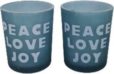 Peace Love Joy Theelichthouder - Waxinelichthouder - Blauw - Glas - Ø 5.5 x h 6.5 cm - Set van 2 Peace Love Joy Theelichthouder - Waxinelichthouder - Blauw - Glas - Ø 5.5 x h 6.5 cm - Set van 2
