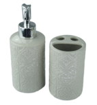 Tandenborstelhouder en zeepdispenser Marijn - Beige - Keramiek - bloemenmotief Tandenborstelhouder en zeepdispenser Marijn - Beige - Keramiek - bloemenmotief