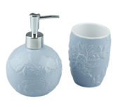 Tandenborstelhouder en zeepdispenser JOZUA - Blauw - Keramiek - bloemenmotief Tandenborstelhouder en zeepdispenser JOZUA - Blauw - Keramiek - bloemenmotief
