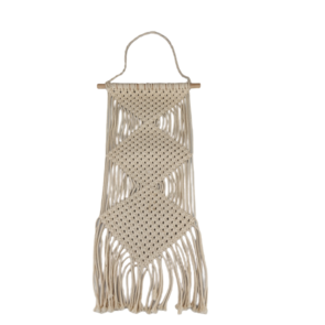 Bohemian Ibiza Macrame Wandkleed op Hout VEDRA - Crème - Katoen - 61.5 x 24 cm - Gevlochten Wandhanger
