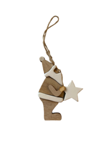 Kersthanger - Kerstman met ster - Bruin / Wit - Hout - 7 x 1 x 18,5 cm