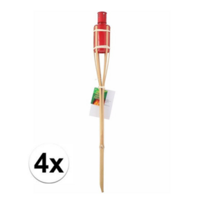Bamboe tuin fakkels 60 cm - Rood - Tuindecoratie / tuinverlichting - Rode oliefakkels navulbaar - Set van 4
