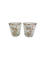 Theelichthouder met kaars 'Let's do this' - Wit / Goud - Glas - Ø 6.5 x h 6.5 cm - Rond - Set van 2 - Waxinelichthouder – 