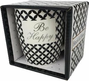 Drinkbeker - Met tekst ''Be happy'' - Zwart / Wit / Goud - keramiek