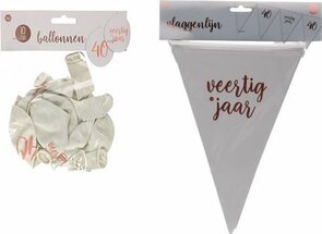 Veertig Jaar Vlaggenlijn en Ballonnen Pakket - Wit / Rosé Goud - Papier / Rubber - Verjaardag - 2 Delig