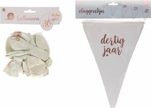 Dertig Jaar Vlaggenlijn en Ballonnen Pakket - Wit / Rosé Goud - Papier / Rubber - Verjaardag - 2 Delig