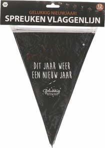 Gelukkig Nieuwjaar Spreuken Vlaggenlijn - Zwart / Wit - Kunststof - ca. 12 Vlaggen / 2.5 meter - 30 x 20 cm