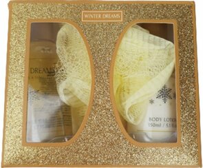 Winter Dreams geschenkset Vrouwen met spons - Goud / Wit - Kunststof - 2 x 150 ml - Set van 3 - Cadeauset - Cadeau - Geschenk - Kerst - Kerstcadeau - Sinterklaascadeau