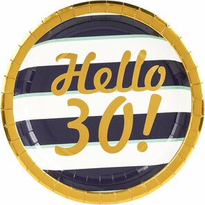 Bordjes MARIO - Hello 30! - Blauw / Wit / Goud - Verjaardag - Feest - Jarig - Eten