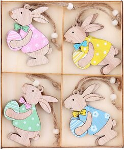 Houten paashangers paashaas - Lichtbruin / Multicolor - Hout - 5,5 x 7,5 cm - 8 stuks - Pasen - Paashaas - Paasei - Paasdagen - Lente - Knutselen - DIY