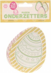 Paas onderzetters met ei print - Geel / Roze / Groen - Karton - 8 x 10 cm - 9 stuks - Pasen - Paasei - Onderzetter - Feest - Paashaas - Lente