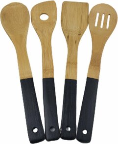 Keukengerei set BRODIE - Lichtbruin / Zwart - Hout - l 30 cm - 4 stuks - Koken - Keuken - Pollepel / Spatel / Saladelepel / Opscheplepel