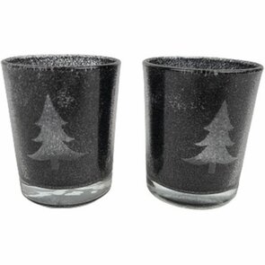 Waxinelichthouder Glitter Kerstboom - Zwart - Glas - Kerst - Ø 6 x 7 cm - Set van 2 - Waxinelichthouder – Waxinelicht – Gezellig – Sfeer – Kerst – Feestdagen – Licht – Wintertijd – Herfst – Thuis – Woonkamer – Interieur – Decoratie – Cadeau 