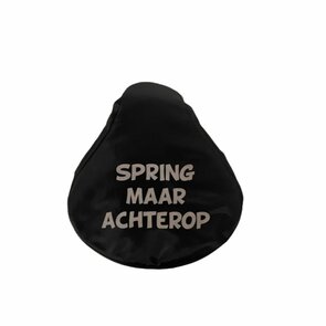 Zadelovertrek met tekst ''Spring maar achterop'' - Zwart / Wit - PVC - Rekbaar - Zadelhoes - Fietshoes - Zadel 