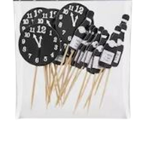 Cocktailprikkers met ''klok'' en ''champagne'' - Zwart / Wit / Zilver - Karton / Hout - 24 stuks - Party collection NY