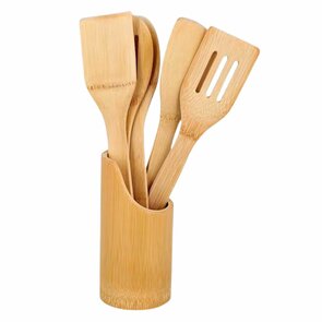 Bamboe Keukengerei Set - Bruin - Bamboe - 5 Stuks bestek - Houder - Keuken - Koken - Keukenaccessoires