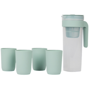  ROSALIE - Kunststof schenkkan met 4 drinkbekers - Tranparant / Blauw - Kan met filter - 1 liter - Slijt - en breekvast