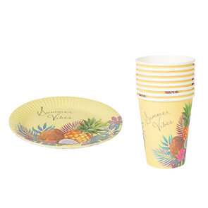 Zomer set TROPICAL Ananas Print - Geel / Multicolor - Karton - 8x bekers (400 ML) - 8x borden  Verjaardagsfeest / Tuinfeest
