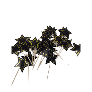 Cocktailprikkers met '' Ster '' - Zwart / goud - Karton / Hout - 24 stuks - Cocktail Sticks 