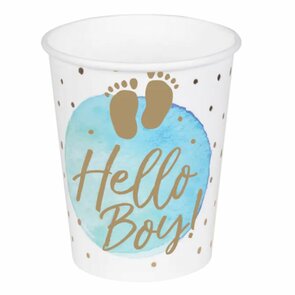 Hello Boy Bekers - Goud / Blauw / Wit - 10  Kartonnen bekers - Geboorte Jongen - Genderreveal - Babyshower