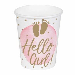 Hello Girl Bekers - Goud / Roze / Wit - 10  Kartonnen bekers - Geboorte Meisje - Genderreveal - Babyshower