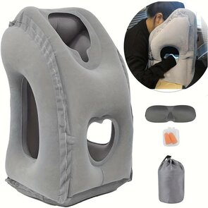 TRAVELBUDDY - Grijs - Opblaasbare Travel Pillow voor vliegtuig, auto en bus - Kantoor - Reiskussen - Met handige opbergzak - Nekkussen
