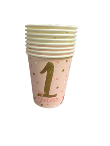 Feestbekers 1 Jaar - Roze / Goud - Kunststof - 9 cm - Set van 8 - Met stippen - Feest - Party - Mijn eerste jaar