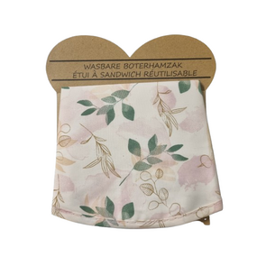 Wasbare Boterhamzak Bloem Met Rozen Motief - Herbruikbaar - Roze / Groen - Katoen - Ø 36 cm - Met klittenband