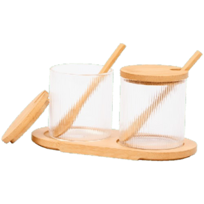 Serveerset 7 delig - Bruin / Transparant - Bamboe & Glas - Inclusief tray en lepels - geribbeld glas - Rib glas 