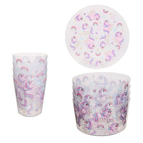 Herbruikbare serviesset met Unicorn print - Multicolor - 4x bordjes / bekers / bakjes - Set van 12 -  Ø 22,5 cm - 230 ml - 430 ml - Eenhoorn