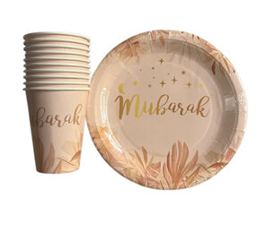 Eid Mubarak Feest set met borden en bekers - Set van 10 - Roze / Goud - Ø 23 cm - 250 ml - Feest pakket - Ramadan