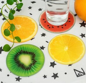 Luxe onderzetter FRUIT Assorti - Multicolor - Glas - Ø 9 cm - Set van 4 - Rond