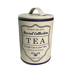 Voorraadblik OTTO met tekst 'Tea'' en Hendel - Maat M - Wit / Zwart - Metaal - Ø 13,5 x 16 cm - Opbergblik - Koffieblik - Luchtdicht - Keukenaccessoire  