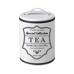 Voorraadblik OTTO met tekst 'Tea'' en Hendel - Maat S - Wit / Blauw - Metaal - Ø 10 x 14,5 cm - Opbergblik - Koffieblik - Luchtdicht - Keukenaccessoire  