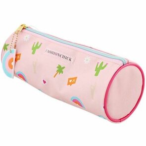 Etui met figuren - Verschillende figuren - Met regenboog hanger - Roze - Rond - (Øxl) 8 x 23 cm