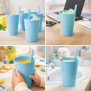 Handige Drinkbeker met rietje SIPSTER - Blauw - Set van 4 - Geen geknoei met losse rietjes - Beker  / Mok met rietje - 8 x 8 x 13,7 cm