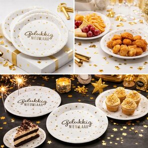 Gelukkig nieuwjaar! bordjes Feestbordjes - Wit / Goud- Karton - Set van 8