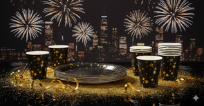 Papieren bekers en borden PARTY COLLECTION NY - oud en nieuw - Goud / Zwart - Karton - ⌀ 18 cm - set van 12 bekers en 15 borden - Model ster
