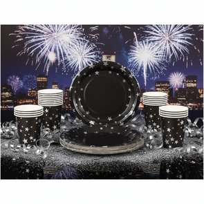 Papieren bekers en borden PARTY COLLECTION NY - oud en nieuw - Zilver / Zwart - Karton - ⌀ 18 cm - set van 12 bekers en 15 borden - Model ster