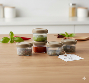 Mini saus cups MARTHA - Taupe / Greige  / Transparant - Kunststof - 35 ml - vaatwasserbestendig - Set van 4 - Ø 3,2 cm / H 4,5 cm - Keuken - Eten - Kruiden - Bakjes - Cups - Voorraaddoos - Tupperware - Doosjes