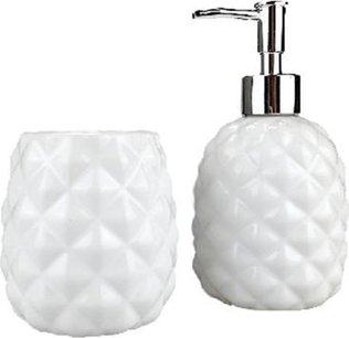 Tandenborstelhouder en zeepdispenser ARCO - Wit - Keramiek - Ruit Motief Tandenborstelhouder en zeepdispenser ARCO - Wit - Keramiek - Ruit Motief