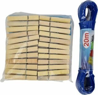 Knijpers met waslijn - Bruin / Blauw - Hout / Metaaldraad - Extra stevig - 48 knijpers - 20m draad Knijpers met waslijn - Bruin / Blauw - Hout / Metaaldraad - Extra stevig - 48 knijpers - 20m draad