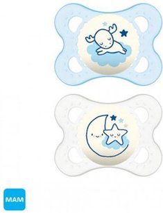 MAM Night Maan / Rendier - Fopspenen - Wit / Blauw - Silicone - BPA vrij - 0-6 maanden - Set van 2 MAM Night Maan / Rendier - Fopspenen - Wit / Blauw - Silicone - BPA vrij - 0-6 maanden - Set van 2
