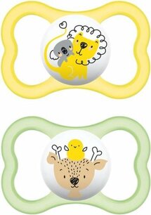 MAM Air Leeuw / Hert - Fopspenen - Geel / Groen - Silicone - BPA vrij - 6-16 maanden - Set van 2 MAM Air Leeuw / Hert - Fopspenen - Geel / Groen - Silicone - BPA vrij - 6-16 maanden - Set van 2
