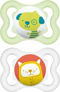 MAM Mini Air Poes / Hond - Fopspenen - Groen / Oranje - Silicone - BPA vrij - 0+ maanden - Set van 2 MAM Mini Air Poes / Hond - Fopspenen - Groen / Oranje - Silicone - BPA vrij - 0+ maanden - Set van 2
