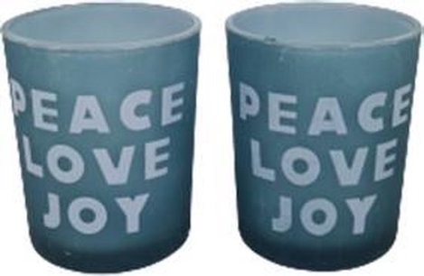 Peace Love Joy Theelichthouder - Waxinelichthouder - Blauw - Glas - Ø 5.5 x h 6.5 cm - Set van 2 Peace Love Joy Theelichthouder - Waxinelichthouder - Blauw - Glas - Ø 5.5 x h 6.5 cm - Set van 2