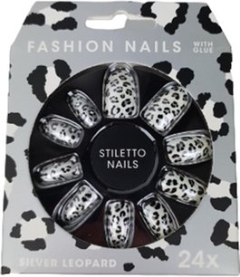Nepnagels Fashion nails met lijm Zilver luipaard motief - Zilver / Wit - Kunststof - One Size - Set van 24 Nepnagels Fashion nails met lijm Zilver luipaard motief - Zilver / Wit - Kunststof - One Size - Set van 24