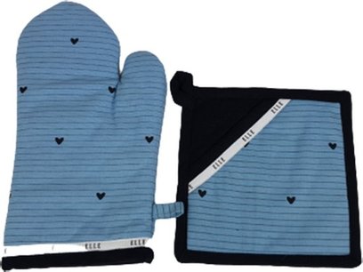 Ovenwant en pannenlap set met hartjes motief ELLE - Blauw / Zwart - Katoen - One Size - Set van 2 - Koken - Bakken - Keuken Ovenwant en pannenlap set met hartjes motief ELLE - Blauw / Zwart - Katoen - One Size - Set van 2 - Koken - Bakken - Keuken