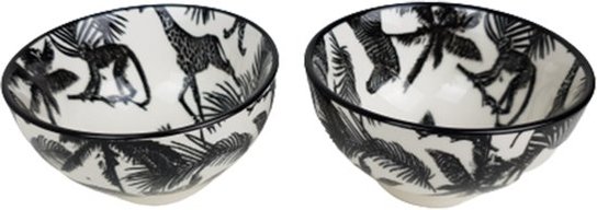 Amuse schaaltjes met jungle print OLLY - Zwart / Wit - Keramiek - ø 9,5 x h 5 cm - Set van 2 - Saus schaaltje - Schaaltje - Amuse Amuse schaaltjes met jungle print OLLY - Zwart / Wit - Keramiek - ø 9,5 x h 5 cm - Set van 2 - Saus schaaltje - Schaaltje - Amuse