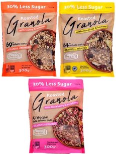 Geroosterde Granola - Framboos / Bramen - Honing / Noten - Banaan / Chocolade - Set van 3 zakken - Vegan - Superfood - 300 gram - Gezond - Minder Suiker Geroosterde Granola - Framboos / Bramen - Honing / Noten - Banaan / Chocolade - Set van 3 zakken - Vegan - Superfood - 300 gram - Gezond - Minder Suiker